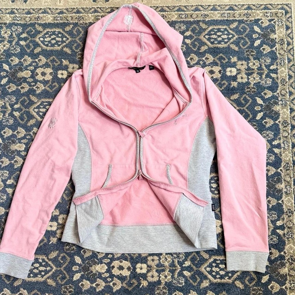 Y2K‎ BCBG Barbie Pink Grey Embellished Zip Up Hoodie Lightweight Bling Logo M
